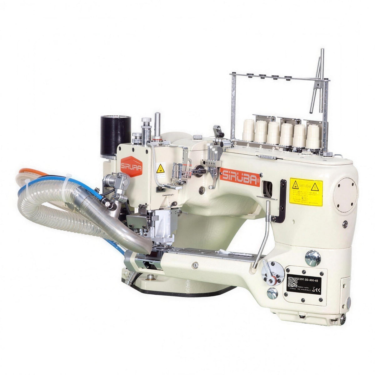 SIRUBA D007RB-460-02/AK9 4-Needle 6-Thread Feed-off-the-Arm Flatseamer Industrial Sewing Machine – Complete Setup, Table & Stand Included