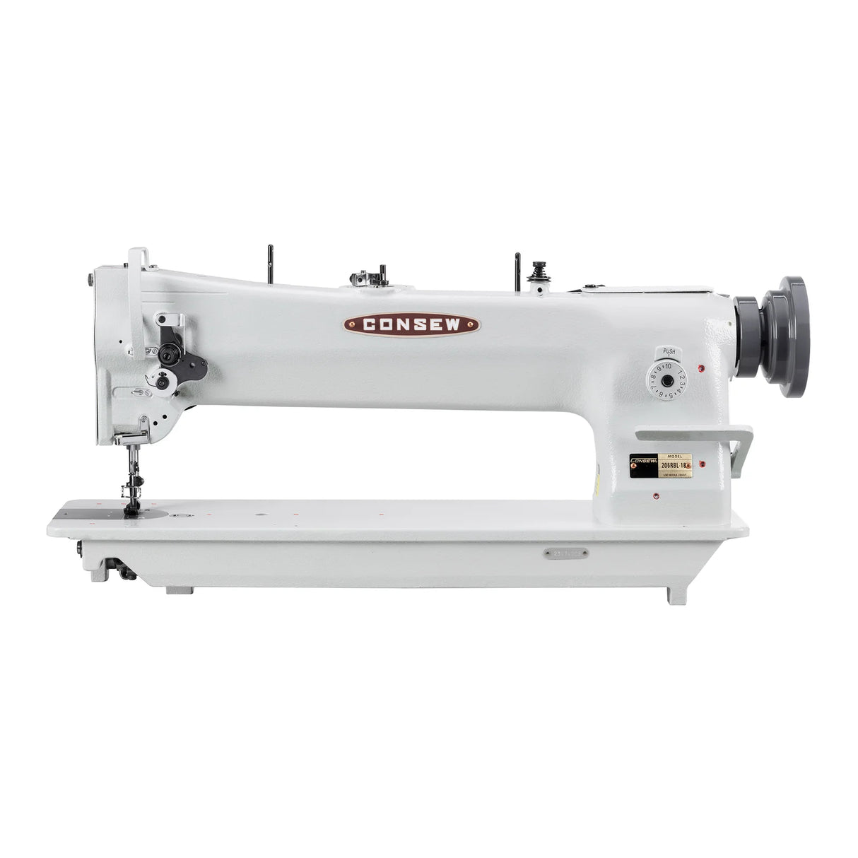 CONSEW 206RBL-18 Single Needle Long Arm 18" Heavy Duty Walking Foot Compound Feed Lockstitch Industrial Sewing Machine - Complete Setup, Table, Stand Included