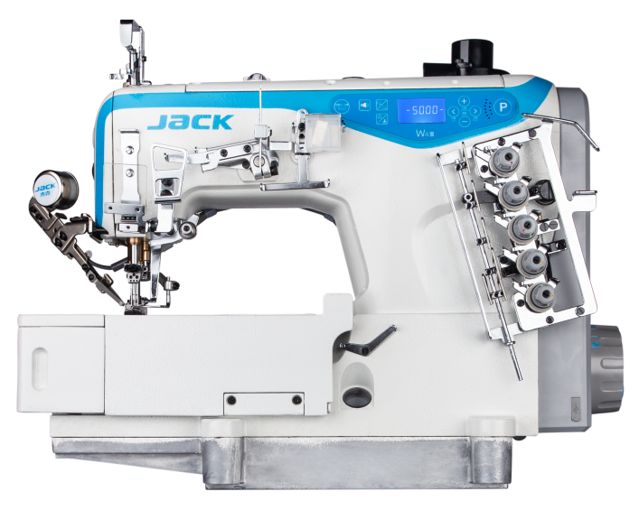 Máquina de coser industrial JACK K5E-UT-01GB×364 con brazo cilíndrico de 3 agujas, puntada de cobertura, cortahilos y elevador automático de pie, ensamblada con mesa y soporte incluidos