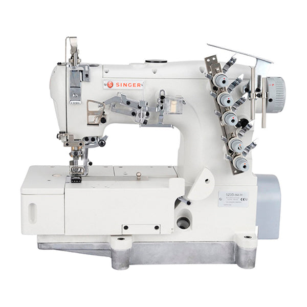 SINGER 523D-364-31-03 3 Needle Flatbed Coverstitch Industrial Sewing Machine Assembled with Servo Motor, Fully Submerged Table Setup Included