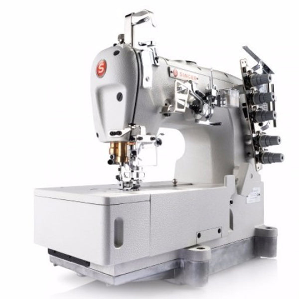 SINGER 523D-364-31-03 3 Needle Flatbed Coverstitch Industrial Sewing Machine Assembled with Servo Motor, Fully Submerged Table Setup Included