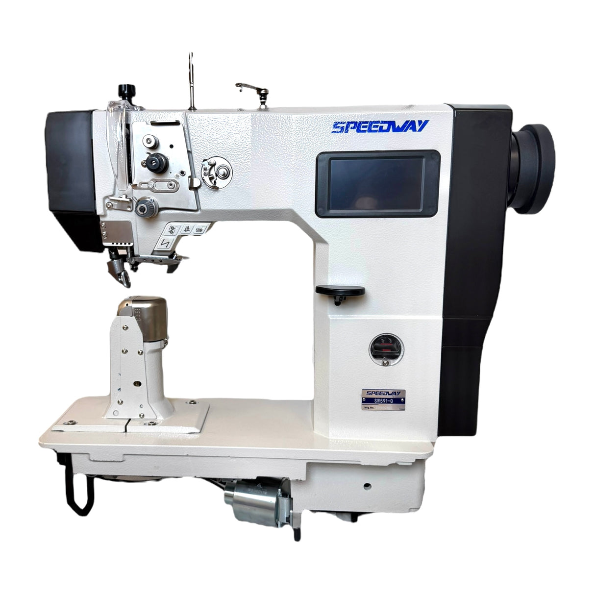 SPEEDWAY SW 591-Q Full Function, Touch Screen Single Needle Post-bed Top, Bottom and Needle Feed Lockstitch Industrial Sewing Machine with Servo Motor, Table and Stand Included