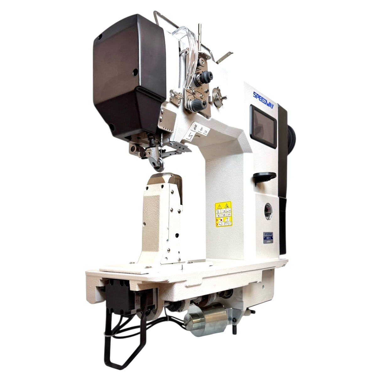 SPEEDWAY SW 591-Q Full Function, Touch Screen Single Needle Post-bed Top, Bottom and Needle Feed Lockstitch Industrial Sewing Machine with Servo Motor, Table and Stand Included