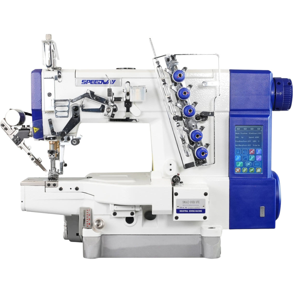 Máquina de coser industrial SPEEDWAY SW 662-01/CB UTE con brazo cilíndrico de 3 agujas y puntada de cobertura, con todas las funciones, ensamblada con mesa y soporte incluidos, con ruedas.