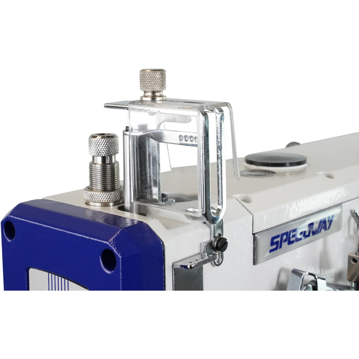 Máquina de coser industrial SPEEDWAY SW 662-01/CB UTE con brazo cilíndrico de 3 agujas y puntada de cobertura, con todas las funciones, ensamblada con mesa y soporte incluidos, con ruedas.