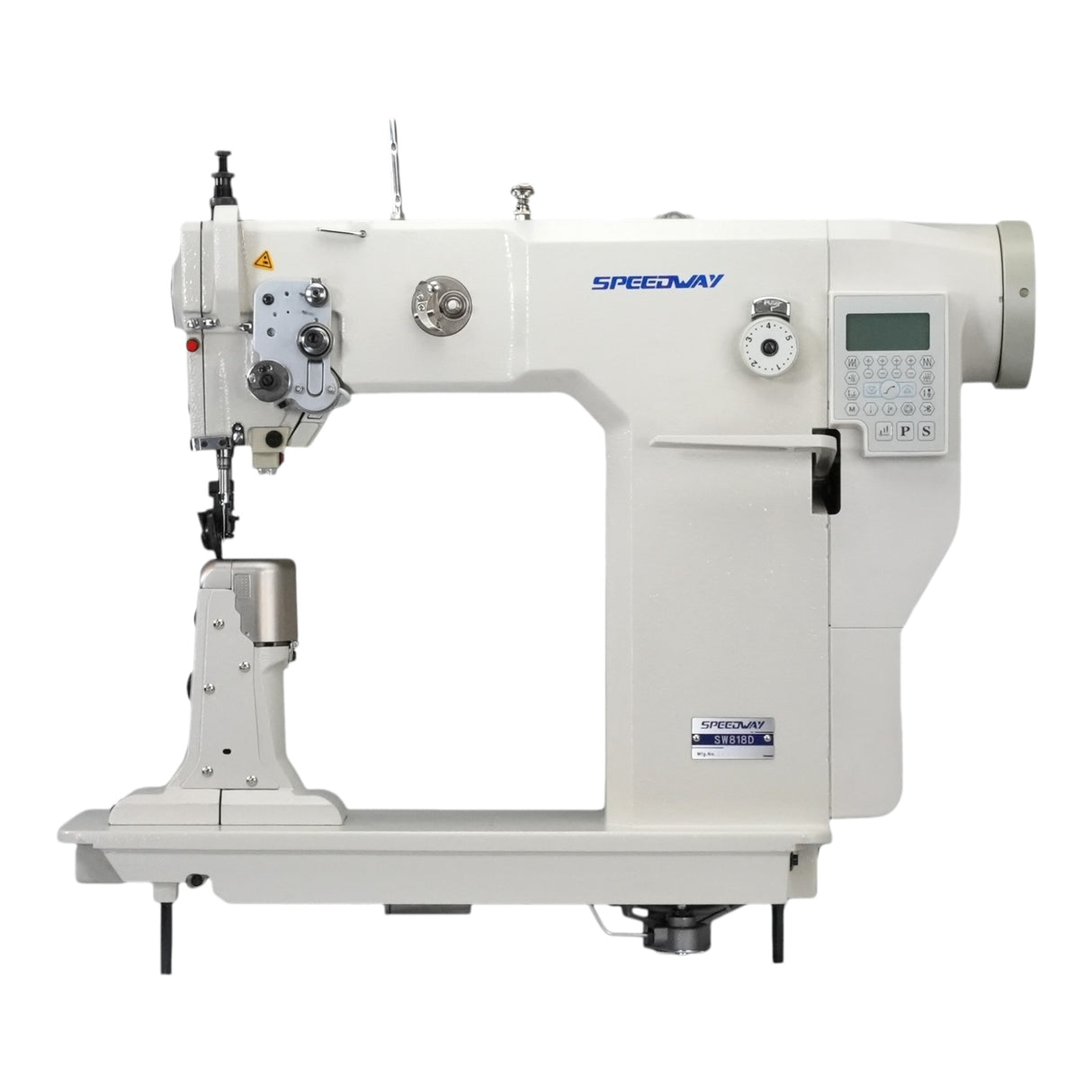 Máquina de coser industrial SPEEDWAY 818D con puntada de cadeneta, alimentación superior, inferior y de aguja, con función completa, una sola aguja, servomotor, mesa y soporte incluidos.
