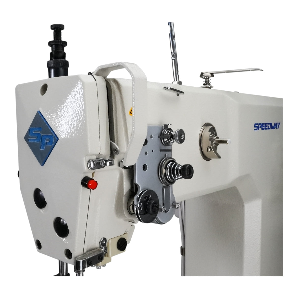 Máquina de coser industrial SPEEDWAY 818D con puntada de cadeneta, alimentación superior, inferior y de aguja, con función completa, una sola aguja, servomotor, mesa y soporte incluidos.