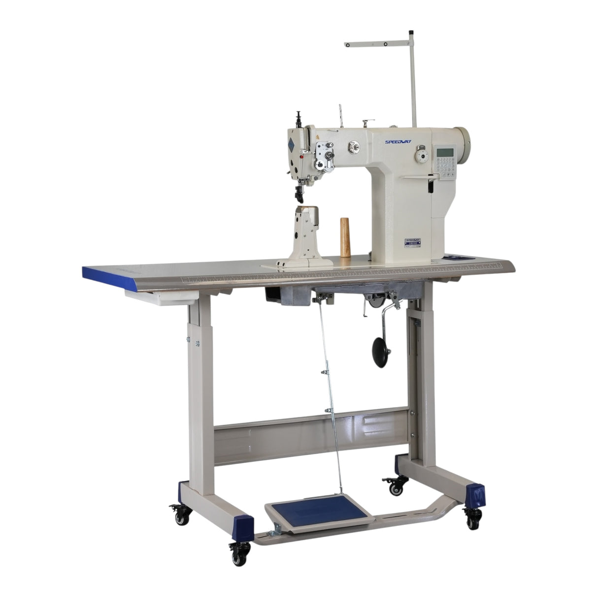 Máquina de coser industrial SPEEDWAY 818D con puntada de cadeneta, alimentación superior, inferior y de aguja, con función completa, una sola aguja, servomotor, mesa y soporte incluidos.
