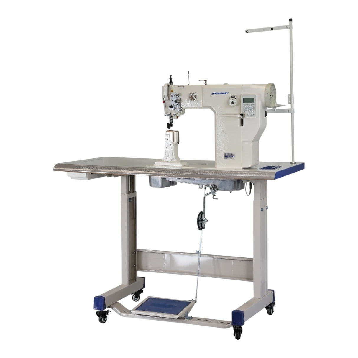 Máquina de coser industrial SPEEDWAY 818D con puntada de cadeneta, alimentación superior, inferior y de aguja, con función completa, una sola aguja, servomotor, mesa y soporte incluidos.