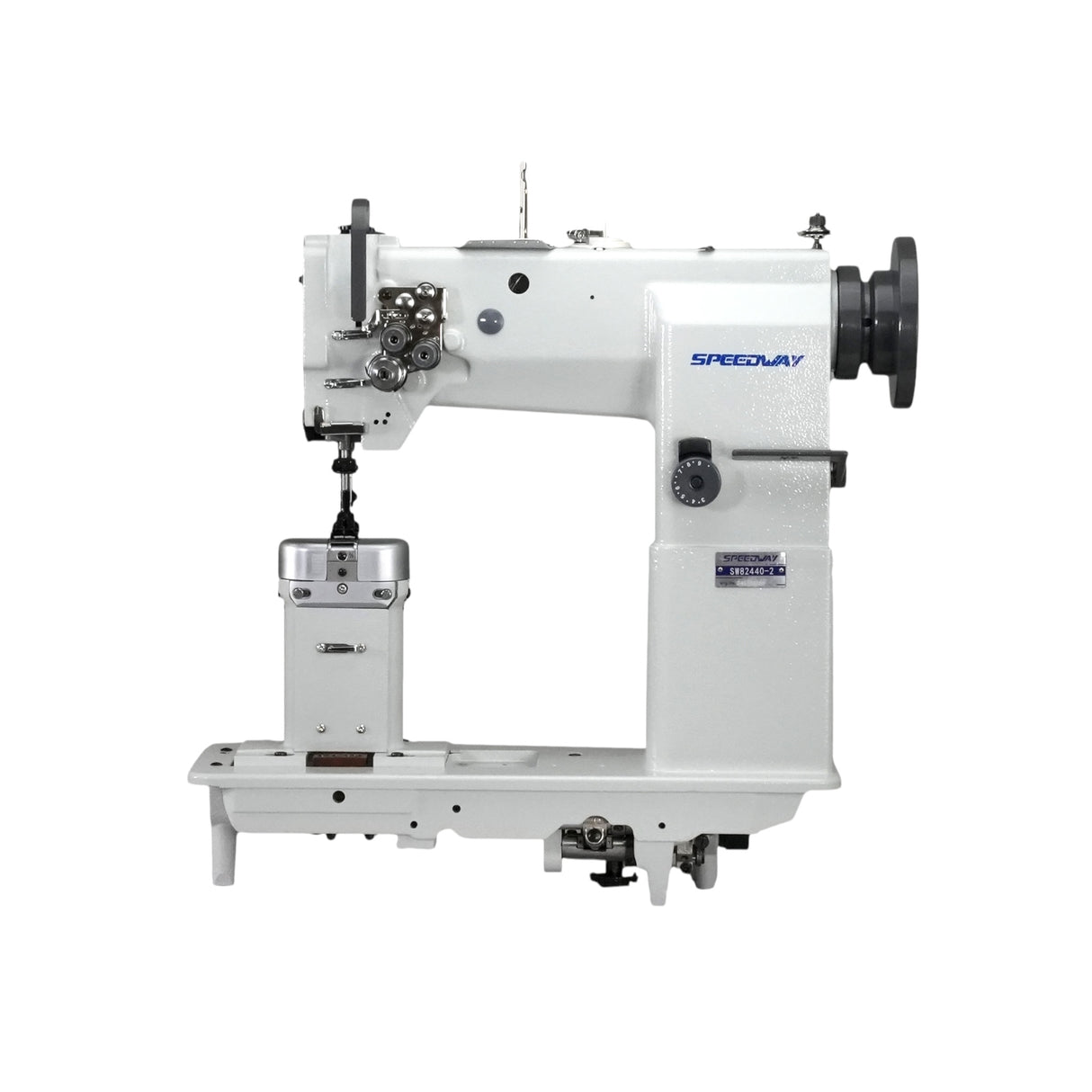 Prensatelas SPEEDWAY SW 82440-2 de doble aguja y poste de 10 mm (3/8"), para máquina de coser de alta resistencia con avance unísono, ensamblado con servomotor, mesa y soporte incluidos.