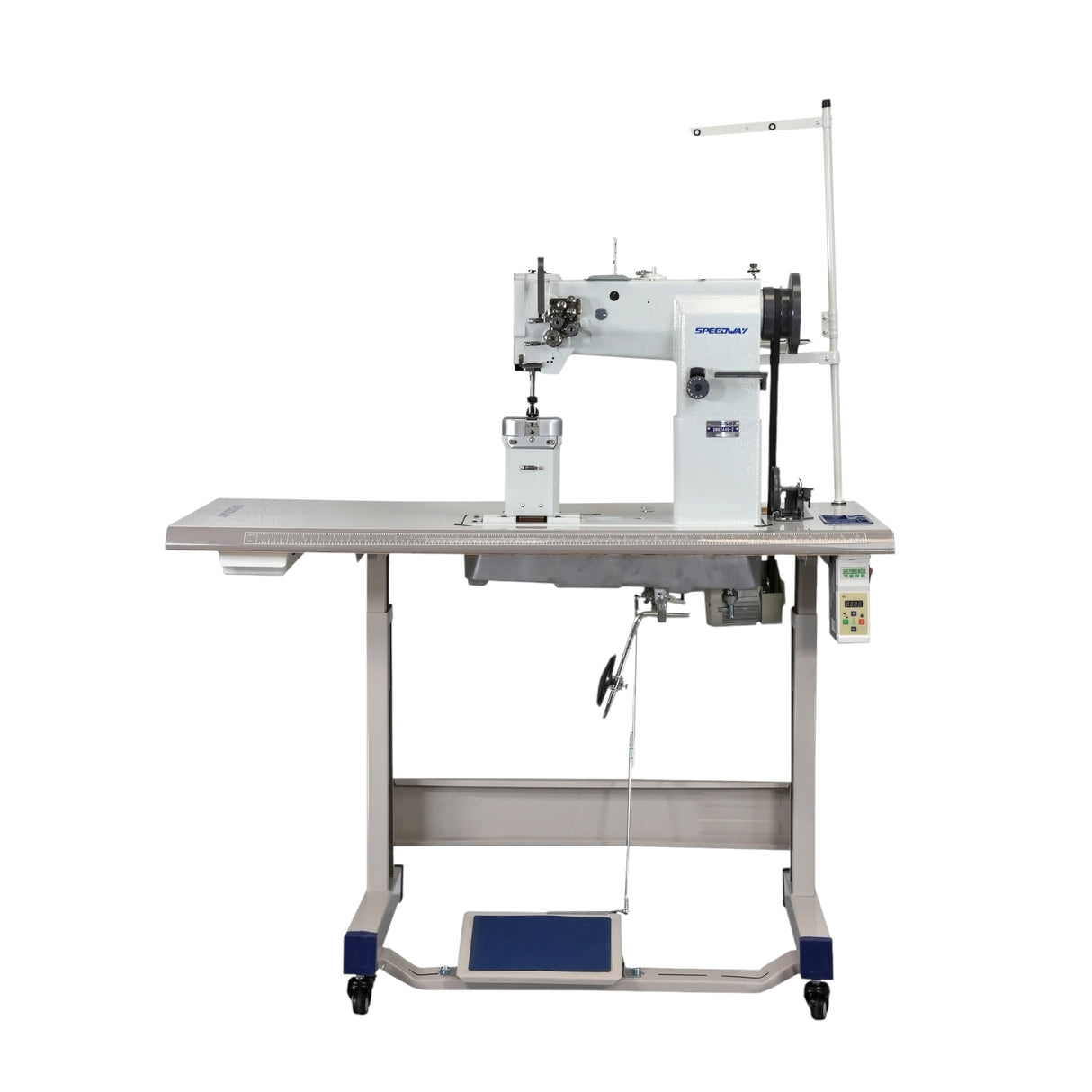 Prensatelas SPEEDWAY SW 82440-2 de doble aguja y poste de 10 mm (3/8"), para máquina de coser de alta resistencia con avance unísono, ensamblado con servomotor, mesa y soporte incluidos.