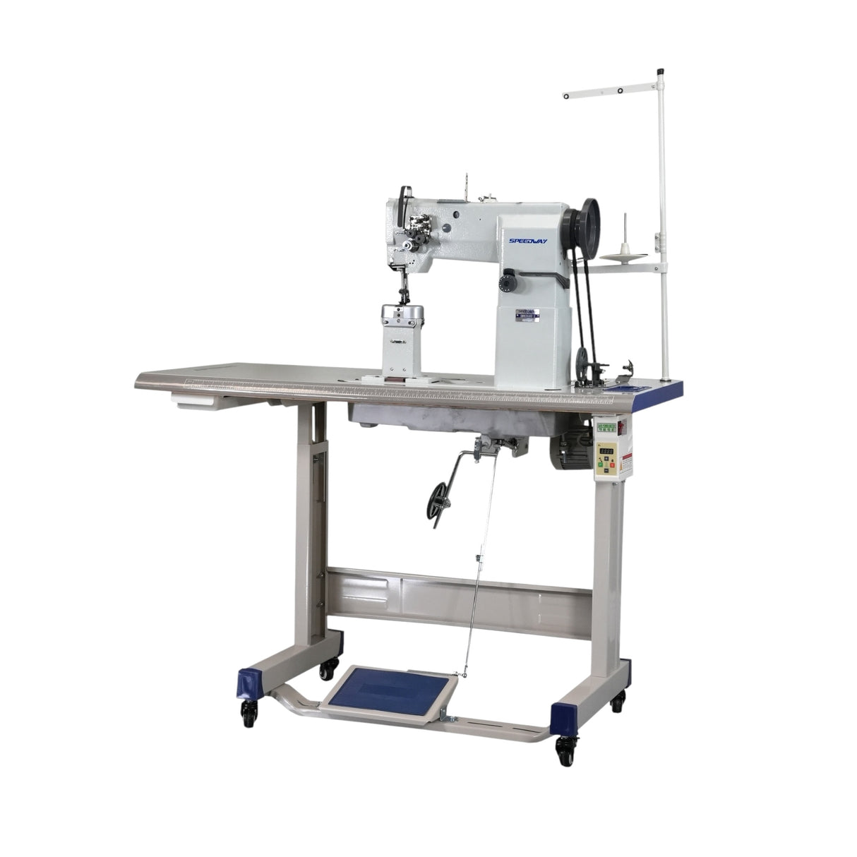 Prensatelas SPEEDWAY SW 82440-2 de doble aguja y poste de 10 mm (3/8"), para máquina de coser de alta resistencia con avance unísono, ensamblado con servomotor, mesa y soporte incluidos.