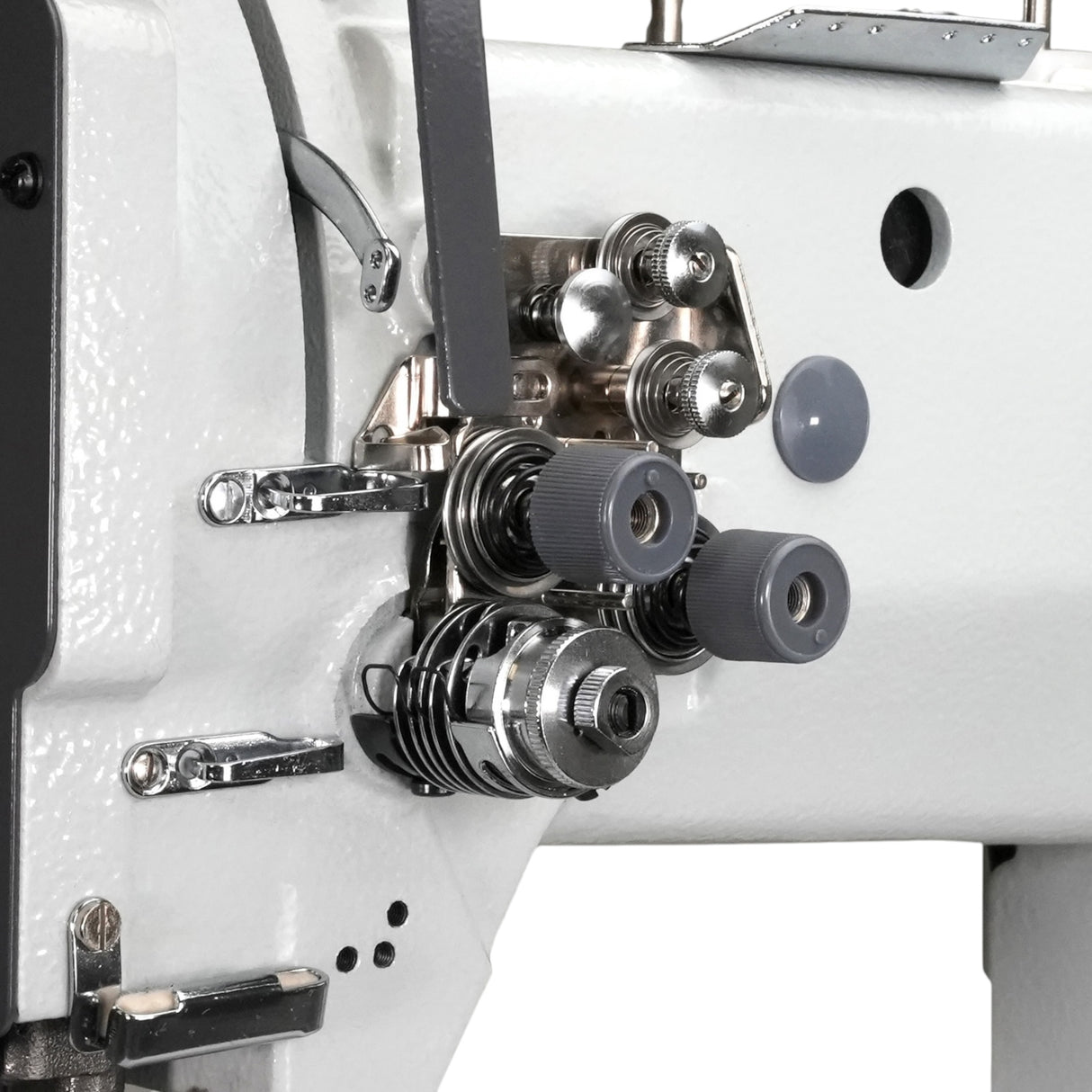 Prensatelas SPEEDWAY SW 82440-2 de doble aguja y poste de 10 mm (3/8"), para máquina de coser de alta resistencia con avance unísono, ensamblado con servomotor, mesa y soporte incluidos.