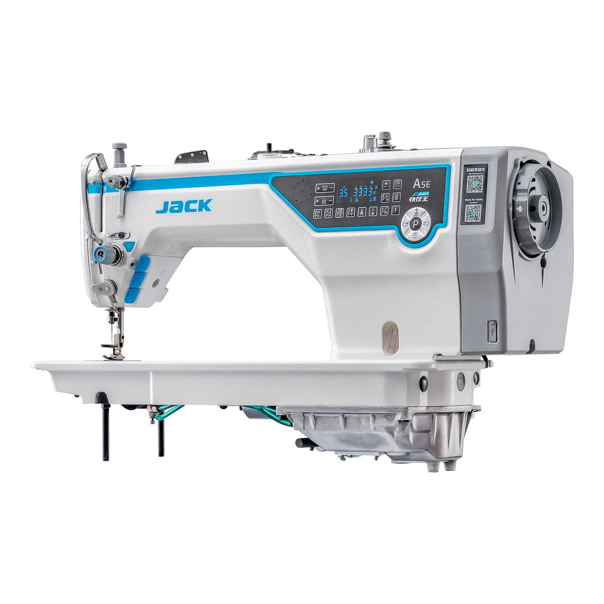 JACK A5E-A (A.M.H) AI Material Recognition Unlock the Potential of All Fabrics Single Needle Direct Drive Fully Automatic Drop Feed Lockstitch Industrial Sewing Machine Complete Assembled with Table and Stand Included