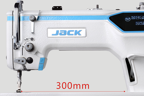 Máquina de coser industrial JACK A6F-EQ-PK con una sola aguja, accionamiento directo, totalmente automática, puntada de cadeneta con tirador, ensamblada con mesa y soporte incluidos.