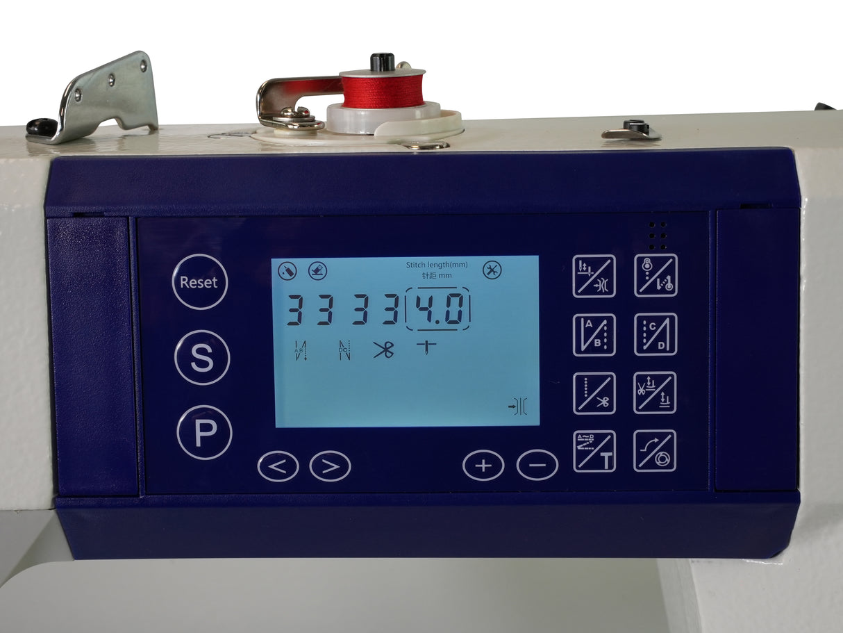 Máquina de coser industrial SPEEDWAY SW 8000, totalmente automática, con motor paso a paso, accionamiento directo y una sola aguja, con puntada de cadeneta y alimentación por caída, ensamblada con mesa y soporte con ruedas.