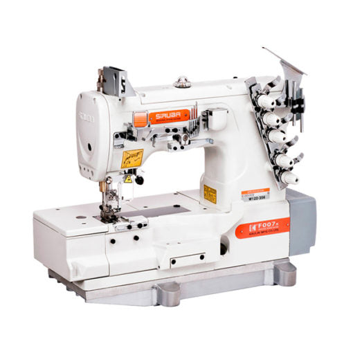Máquina de coser industrial SIRUBA F007K-W122-356/FHA de 3 agujas con puntada de recubrimiento plana, ensamblada con mesa y servomotor incluidos