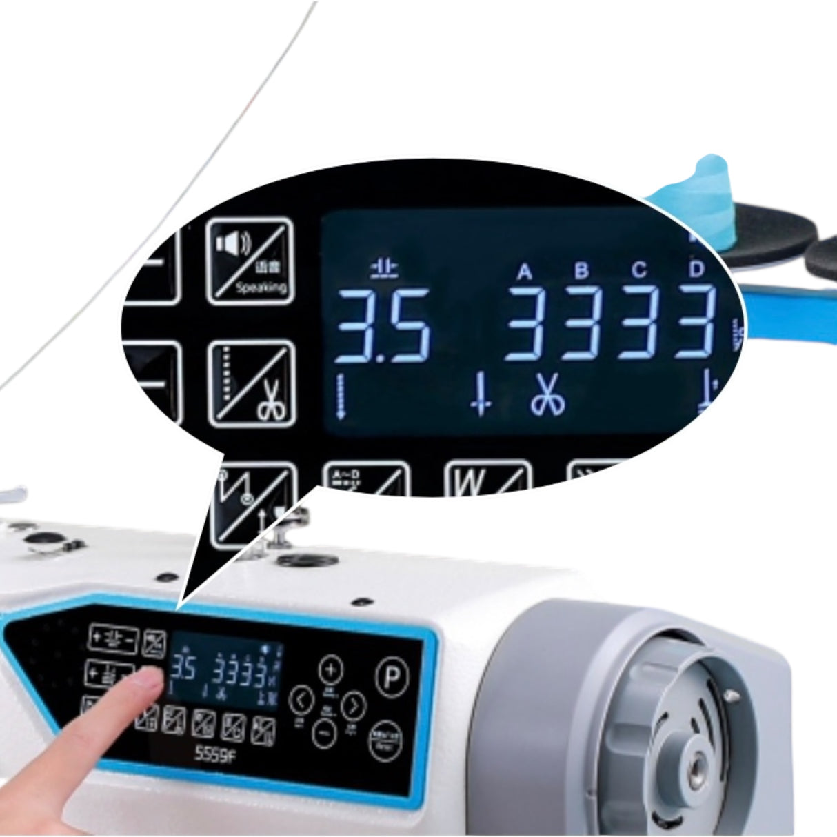 Máquina de coser JACK JK-5559F-W de una sola aguja con recortador y funciones automáticas. Completamente ensamblada. Incluye mesa y soporte.