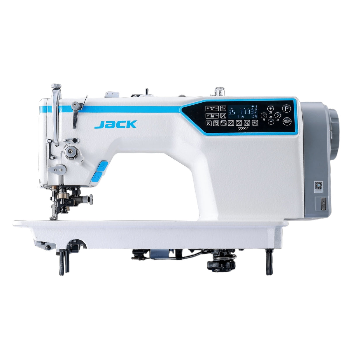 Máquina de coser JACK JK-5559F-W de una sola aguja con recortador y funciones automáticas. Completamente ensamblada. Incluye mesa y soporte.