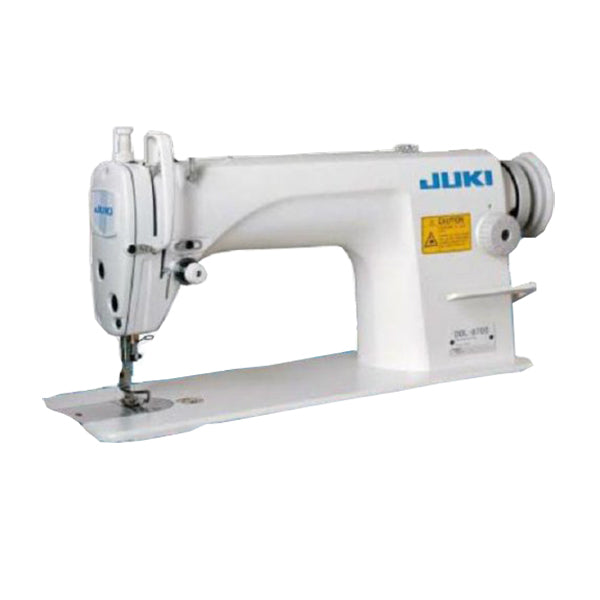 Máquina de coser industrial de una sola aguja JUKI DDL-8700 con puntada de cadeneta, ensamblada con servomotor, mesa y soporte incluidos.