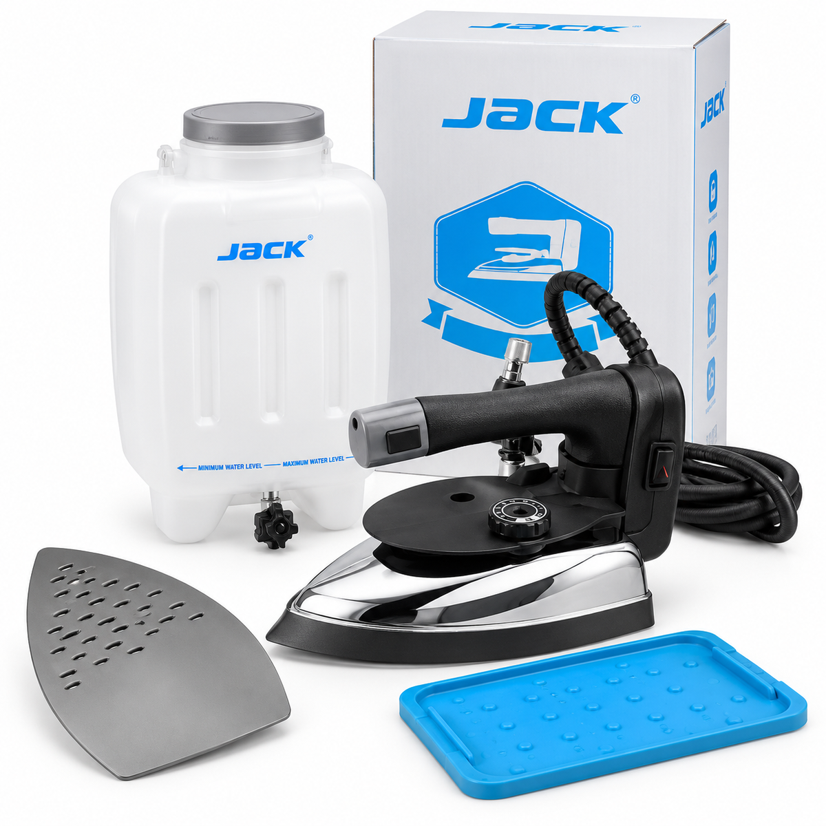 JACK® JK-300L Gravity Feed Steam Iron with 4L Hanging Water Bottle, Teflon Shoe, Iron Rest & Water Filter – Complete Set for Tailoring, Alterations & Garment Finishing