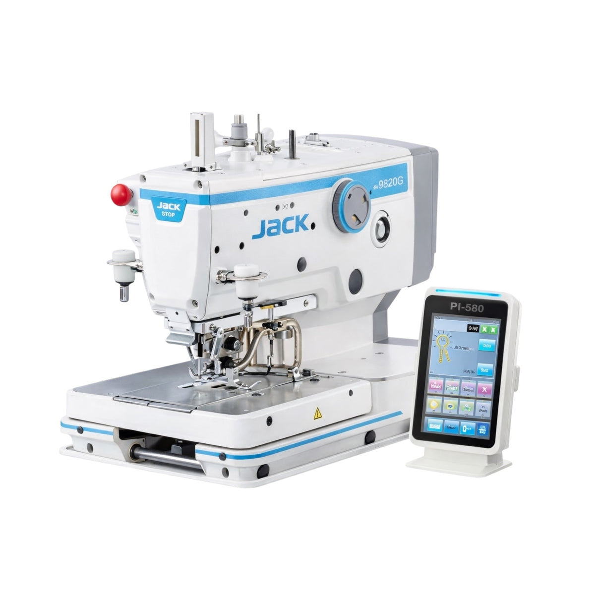 JACK® JK-T9820G-02-D/P Electronic Keyhole Buttonhole Eyelet Machine – Complete Setup, Table & Stand Included