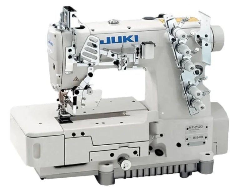 JUKI MF-7523U11 - Máquina de coser industrial de puntada de recubrimiento plana de 3 agujas, ensamblada con servomotor, mesa y soporte incluidos