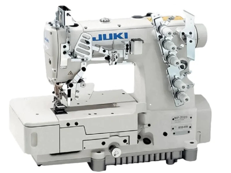 JUKI MF-7523U11 3 Needle Flatbed Coverstitch Industrial Sewing Machine Assembled with Servo Motor, Table and Stand Included