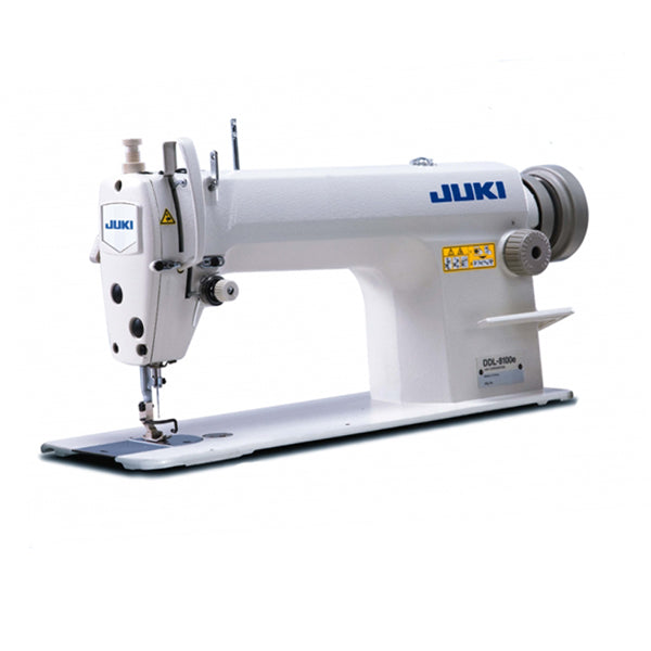 JUKI DDL-8100e Single Needle. Industrial Sewing Machine with servo motor, table, and stand included, displayed against a white background.