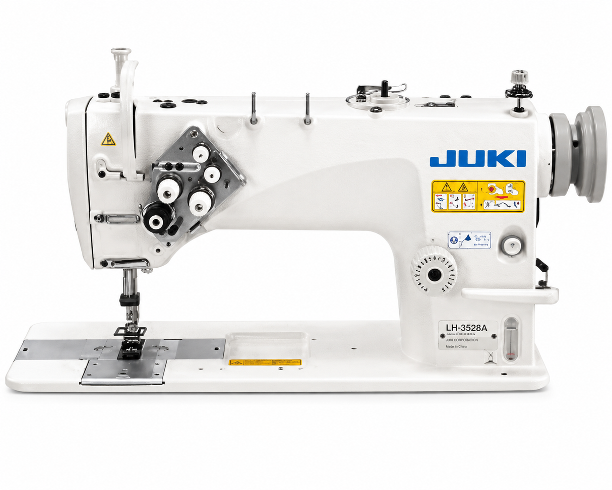 JUKI LH-3528-FS Double Needle Needle Feed Lockstitch Industrial Sewing Machine with Vertical Hook (1/4" / 6.4mm Gauge) - Complete Setup, Table, Stand Included