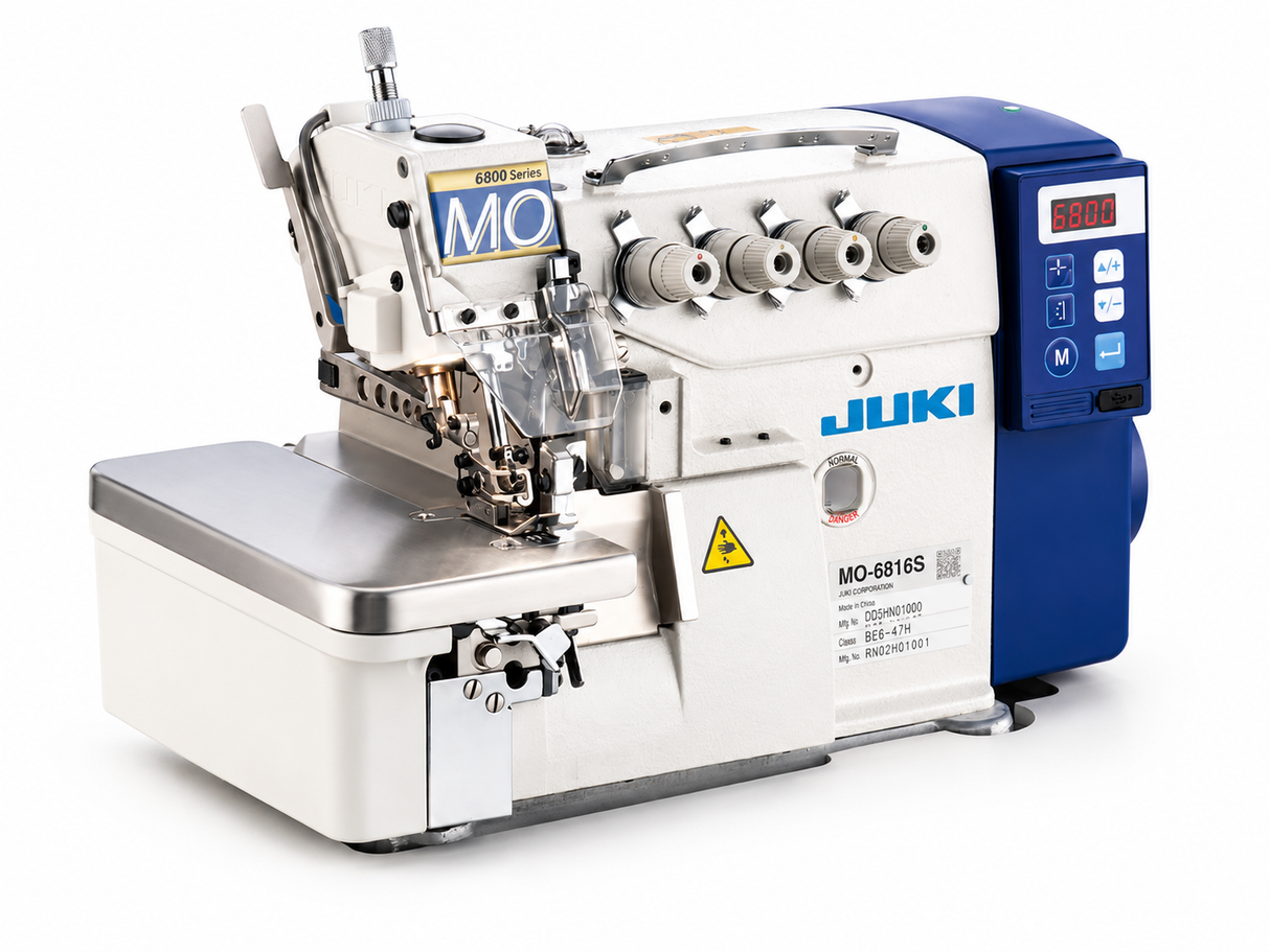 JUKI MO-6814DD 2-Needle 4-Thread Direct Drive Overlock Industrial Sewing Machine - Complete Setup, Fully Submerged Table Included