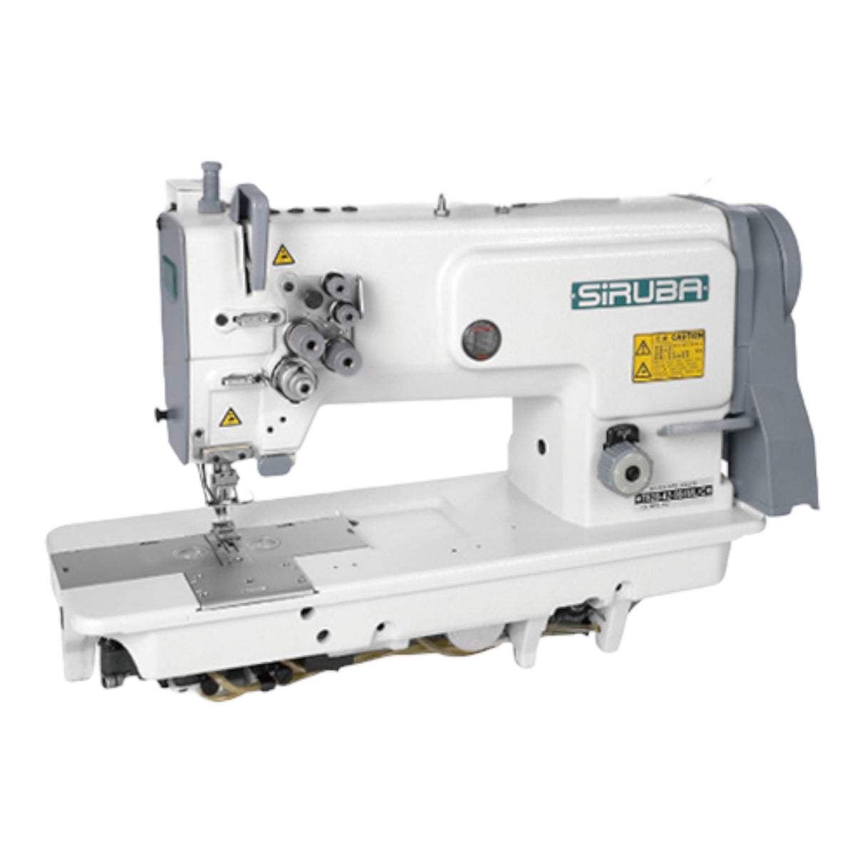 Máquina de coser industrial SIRUBA T828-42-064 de doble aguja y puntada de cadeneta con alimentación por aguja, ensamblada con mesa y servomotor incluidos.