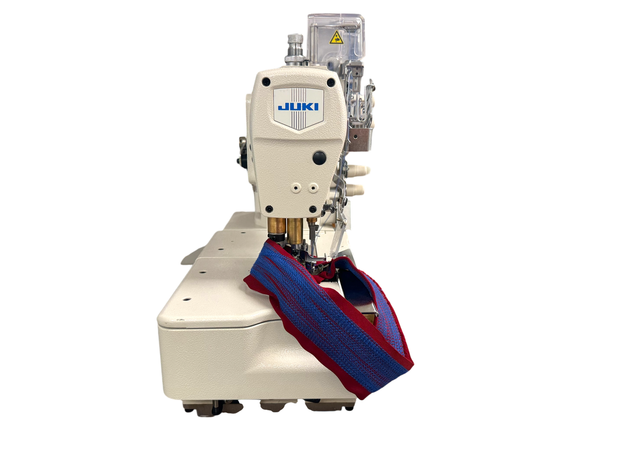 JUKI MF-7523U11 - Máquina de coser industrial de puntada de recubrimiento plana de 3 agujas, ensamblada con servomotor, mesa y soporte incluidos