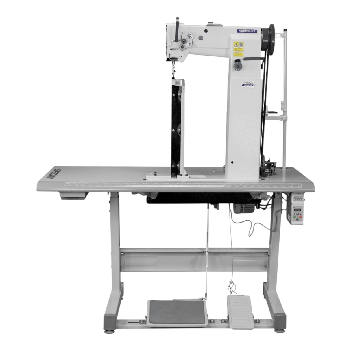 SPEEDWAY SW 82440-45-R1 Post Bed Single Needle Walking Foot Heavy Duty Unison Feed Walking Foot Sewing Machine Assembled with Servo Motor, Table and Stand Included