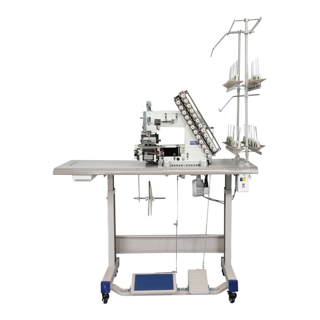 SPEEDWAY SW008-12064P/VWL 12-Needle Chainstitch Industrial Sewing Machine Assembled with Servo Motor, Table and Stand Included