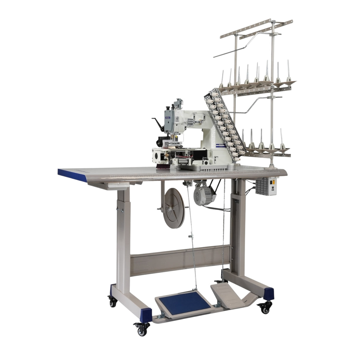 SPEEDWAY SW008-12064P/VWL 12-Needle Chainstitch Industrial Sewing Machine Assembled with Servo Motor, Table and Stand Included