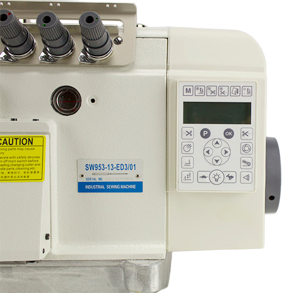 Máquina de coser industrial SPEEDWAY SW 933-38-ED3 de 5 hilos con sistema de vacío y funciones completas, ensamblada con servomotor directo y configuración de mesa completamente sumergida