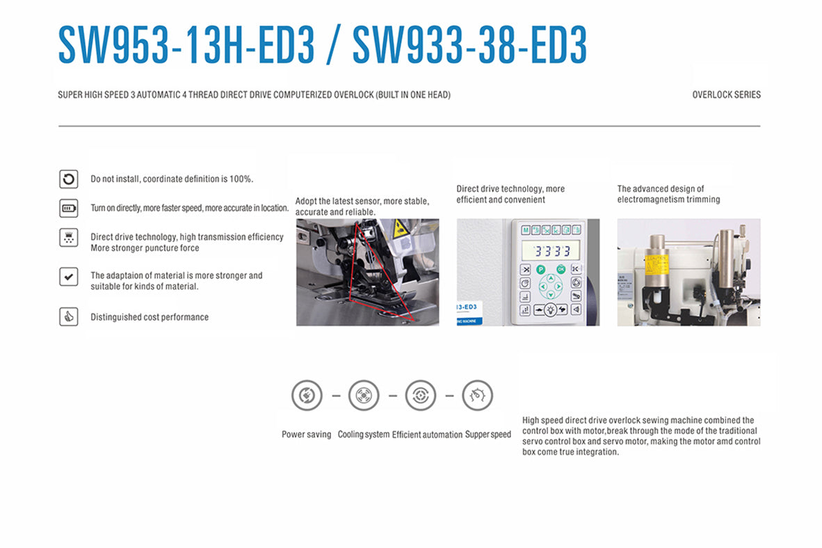 Máquina de coser industrial SPEEDWAY SW 933-38-ED3 de 5 hilos con sistema de vacío y funciones completas, ensamblada con servomotor directo y configuración de mesa completamente sumergida