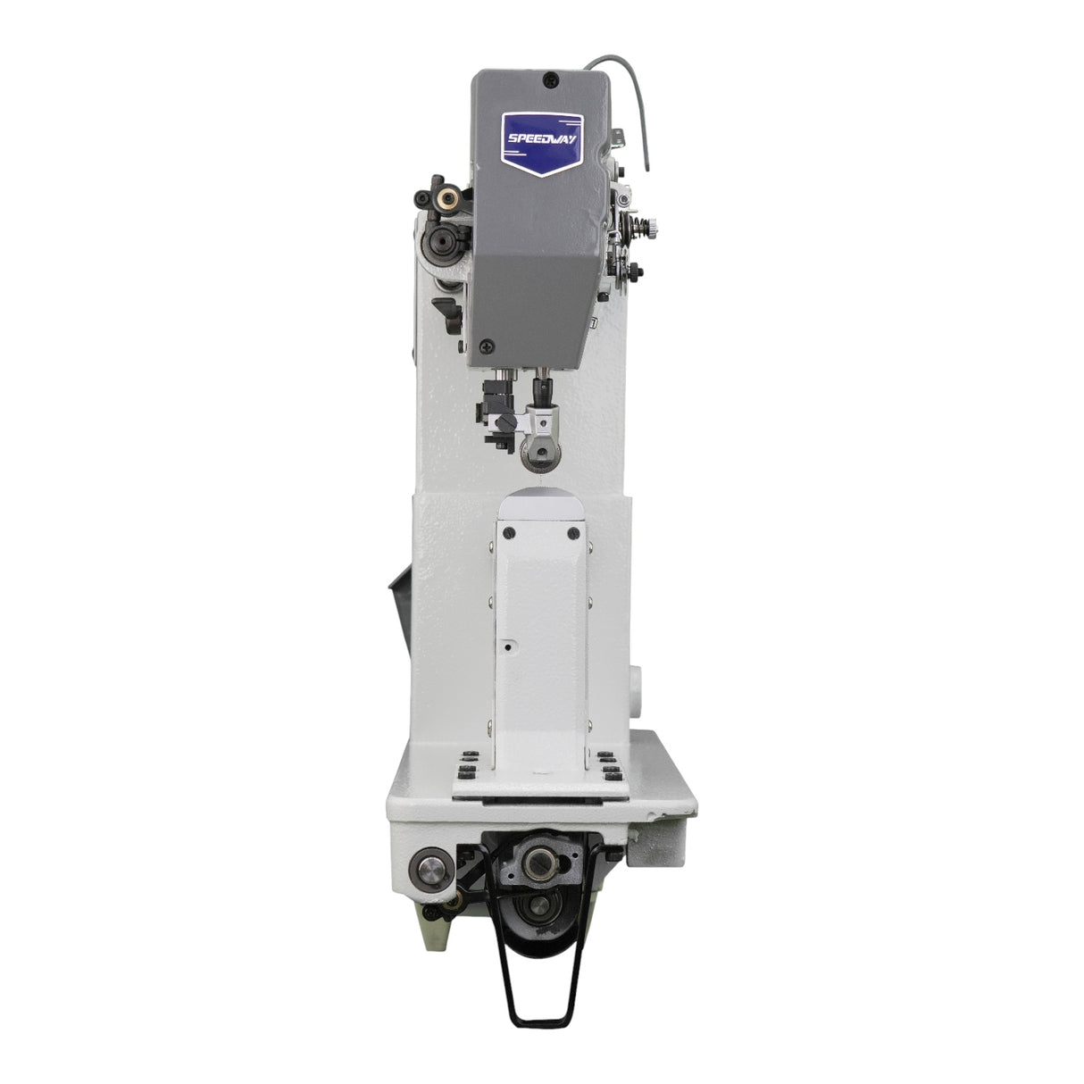 SPEEDWAY SW 9910 — Máquina lockstitch industrial de una aguja, cama de poste con triple arrastre y pie prénsatela de rodillo, para gorras, parches, cuero y calzado, ensamblada lista para usar con mesa y base incluidas
