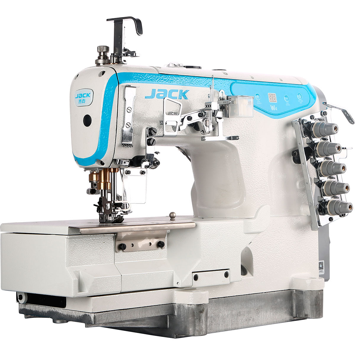 JACK W4-D /01/02/03/08 3 Needle Flatbed Coverstitch Industrial Sewing Machine Assembled with Table and Stand Included