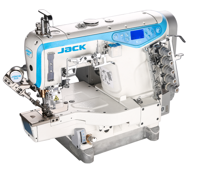 Máquina de coser industrial JACK K5E-UT-01GB×364 con brazo cilíndrico de 3 agujas, puntada de cobertura, cortahilos y elevador automático de pie, ensamblada con mesa y soporte incluidos