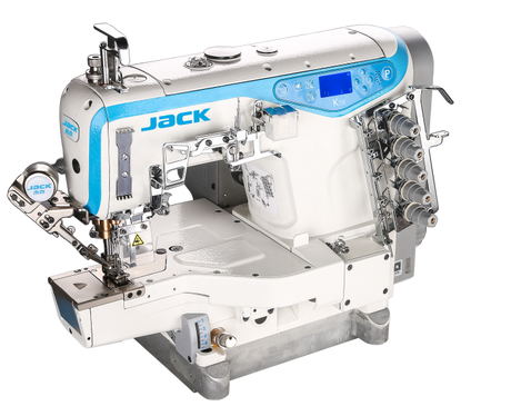 Máquina de coser industrial JACK K5E-UT-01GB×364 con brazo cilíndrico de 3 agujas, puntada de cobertura, cortahilos y elevador automático de pie, ensamblada con mesa y soporte incluidos