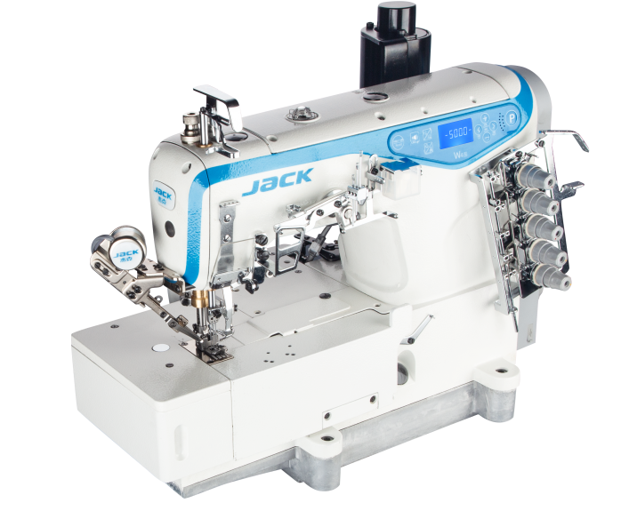 JACK W4S UT 01GB Máquina de coser industrial de puntada de cobertura plana de 3 agujas con cortahilos y elevador de pie, ensamblada con mesa y soporte incluidos