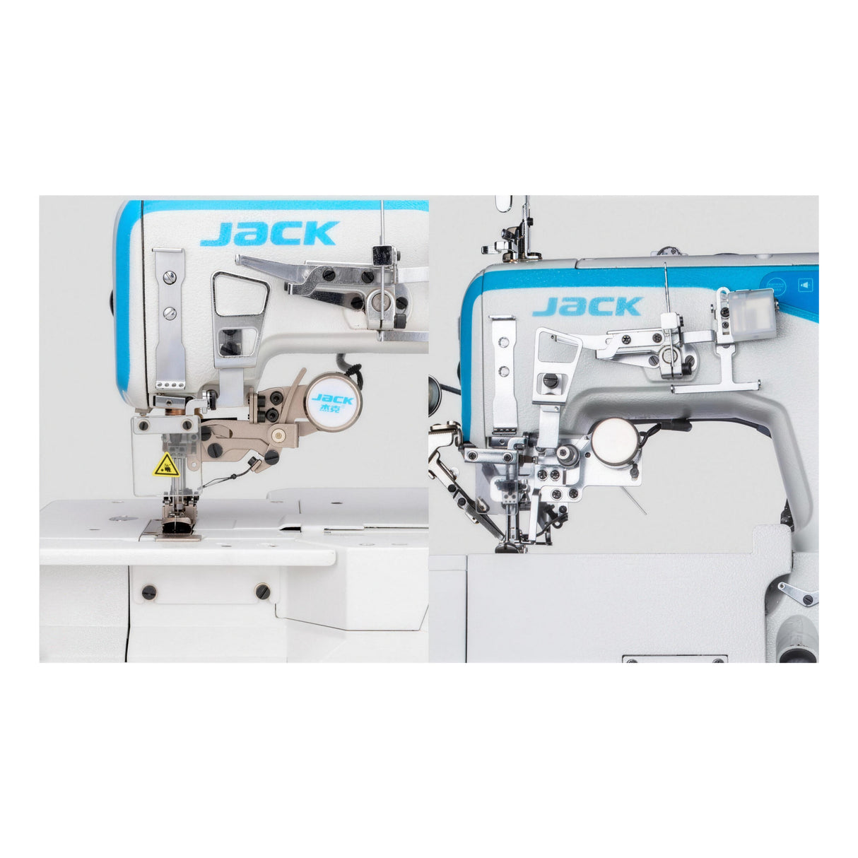 JACK W5E-UT-01GBx364/Z 3 Needle 5 Thread Direct Drive Electronic Flatbed Coverstitch Industrial Sewing Machine with Thread Trimmer and Auto Foot Lifter - Complete Setup, Table, Stand Included