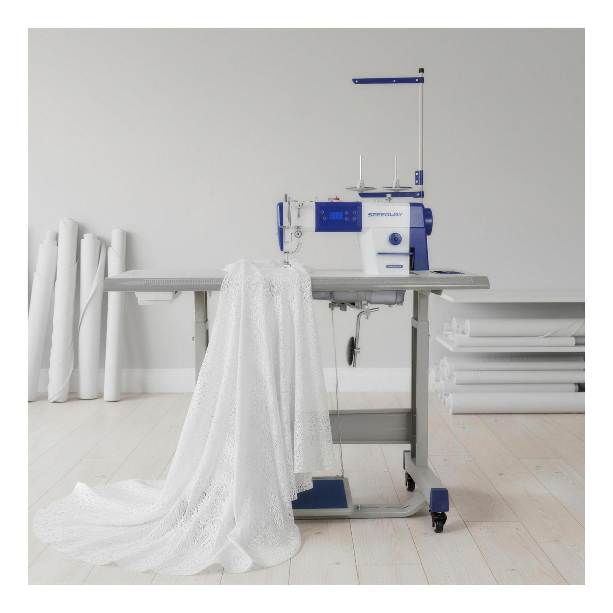 SPEEDWAY® SW 8700 D Single Needle Direct Drive Lockstitch Industrial Sewing Machine with Servo Motor, Table and Stand Included With Wheels