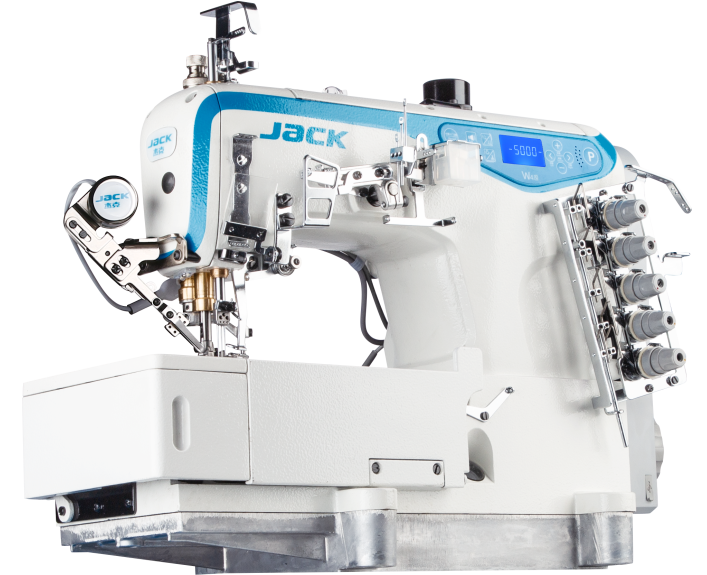 JACK W4S UT 01GB Máquina de coser industrial de puntada de cobertura plana de 3 agujas con cortahilos y elevador de pie, ensamblada con mesa y soporte incluidos