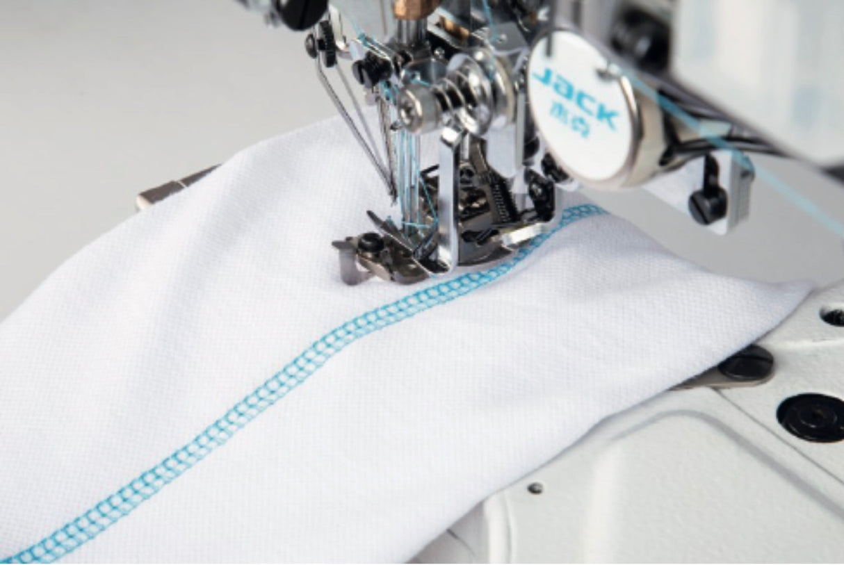JACK W5E-UT-01GBx364/Z 3 Needle 5 Thread Direct Drive Electronic Flatbed Coverstitch Industrial Sewing Machine with Thread Trimmer and Auto Foot Lifter - Complete Setup, Table, Stand Included