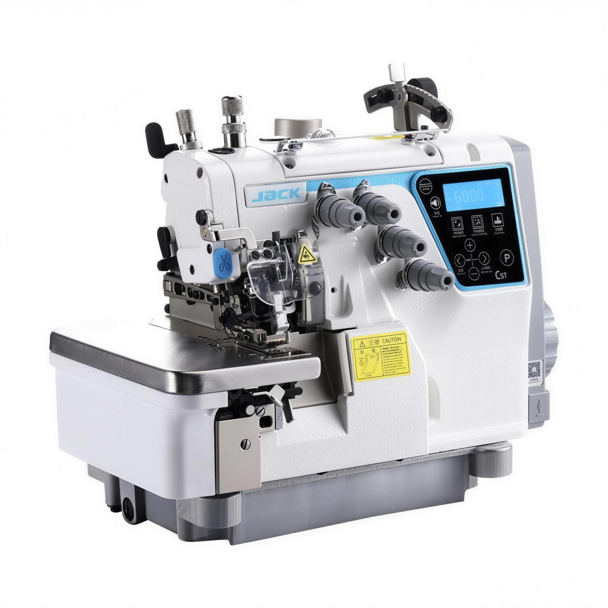 Maquina overlock industrial JACK C5T-4 de 4 hilos con panel digital, transporte superior y cortahilos automatico, sobre fondo blanco