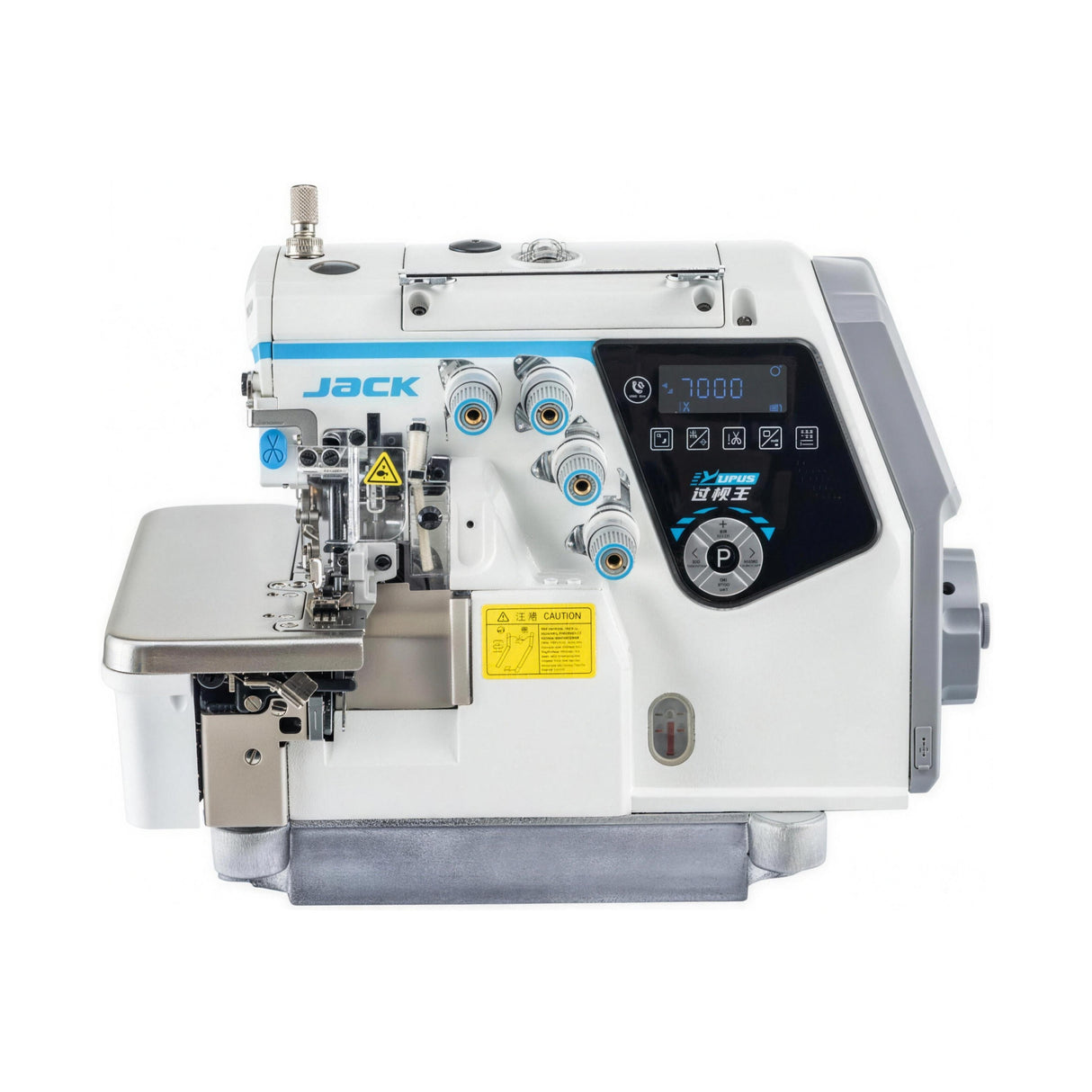 JACK C7-4-M03/333 — Máquina overlock de 4 hilos, reconocimiento inteligente de material, mesa y base incluidas