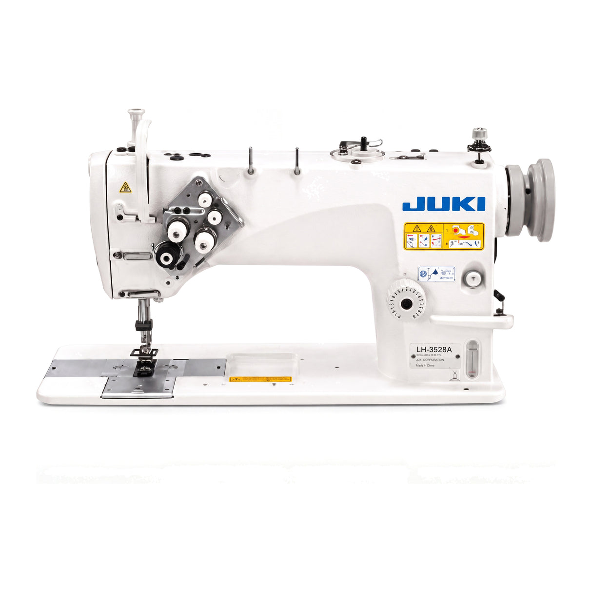 JUKI LH-3528-FS Double Needle Needle Feed Lockstitch Industrial Sewing Machine with Vertical Hook (1/4" / 6.4mm Gauge) - Complete Setup, Table, Stand Included